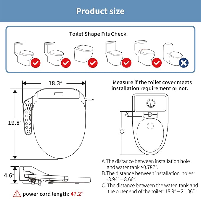 KERDE P30A Electric Bidet Toilet Seat - Smart Heated Seat with Auto-Flush, Side Panel Control for Existing Toilets, Quiet Close Lid & Warm Air Dryer Elongated