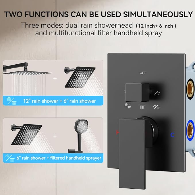 Shower System Matte Black Shower Faucet Sets, Dual Head Shower Set STARBATH 12'' +6'' Wall Mount Rainfall Shower Systems with Multifunctional Filtered Handheld Sprayer for Two Person