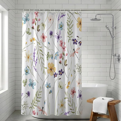 Wildflowers Shower Curtain, Watercolor Bright Floral and Plant Leaf Pattern, Waterproof Polyester Fabric Shower Curtains Sets with Hooks for Bathroom 72x72 Inches