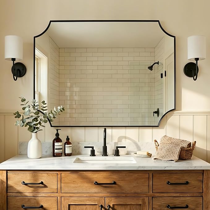 30x40 Inch Bathroom Mirror, Black Bathroom Mirror for Over Sink, Unique Rectangle Wall Mirror, Matte Black Framed Rectangular Mirror with Scalloped Edges, Ideal for Home Decor