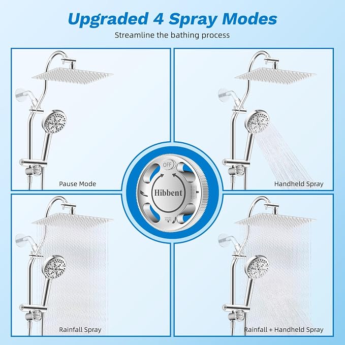 Hibbent High Pressue All Metal 12" Rainfall Shower Head, Handheld 10-Spray | cUPC Certified Chrome Dual Showerhead Combo, 4-way Diverter with Pause Mode, Brass Extension Arm, 71'' Shower Hose & Holder