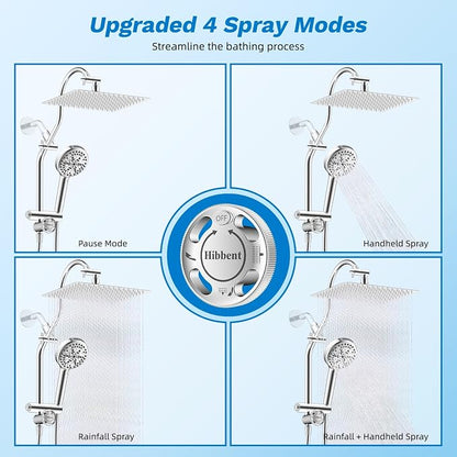 Hibbent High Pressue All Metal 12" Rainfall Shower Head, Handheld 10-Spray | cUPC Certified Chrome Dual Showerhead Combo, 4-way Diverter with Pause Mode, Brass Extension Arm, 71'' Shower Hose & Holder