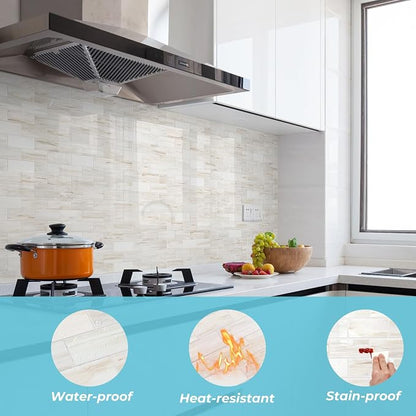STICKGOO 10-Sheet Subway Tile Peel and Stick Backsplash, Wooden Grain | Glossy Marble Look Kitchen Backsplash Wall Tiles, Peel and Stick Wall Panels for Bathroom, Fireplace, RV
