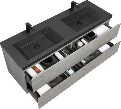 60" Floating Bathroom Vanity with Double Sink, Modern Wall-Mounted Bathroom Storage Vanity Cabinet with Two Black Quartz Sand Top Basins and Four Soft Close Drawers, Cement Grey