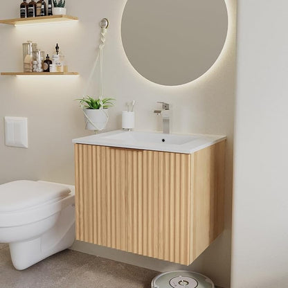 Modern Bathroom Vanity with Sink, Floating Wall Mount Cabinet with Wavy Textured Doors, Waterproof Storage for Small Bathroom, Soft-Close Design, Nature Wood (24")