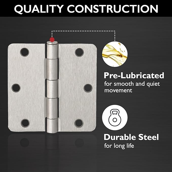 Design House Door Hinges for Interior Doors 12-Pack 3.5-inch x 3.5-inch – Rounded 5/8-inch Radius Steel Door Hinge – Satin Nickel – Fits Standard Doors – Design House 188441