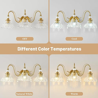 Vintage Bathroom Vanity Light, 3-Light Brushed Gold Finish Wall Sconce with Hanging Crystal Accents and Flower-Shaped Clear Glass Shades, Retro Wall Mount Vanity Light Over Mirror for Bathroom
