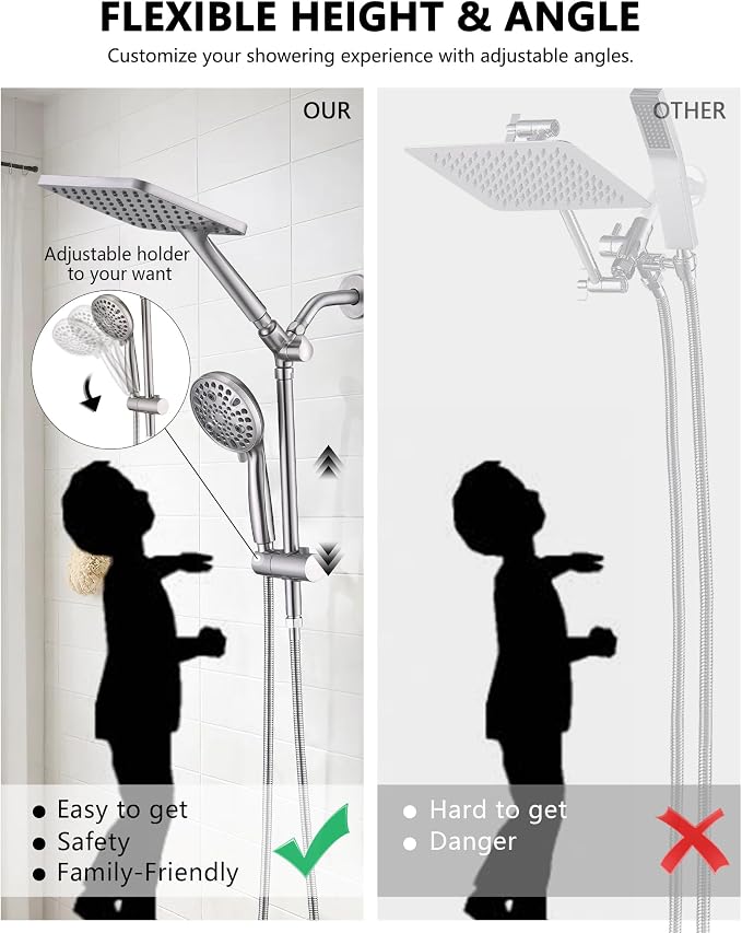 PDPBath High Pressure Rainfall Shower Head with Handheld Combo, Height Adjustable Dual Handheld Shower Head Combo with Slide Bar for Easy Reach, Brushed Nickel