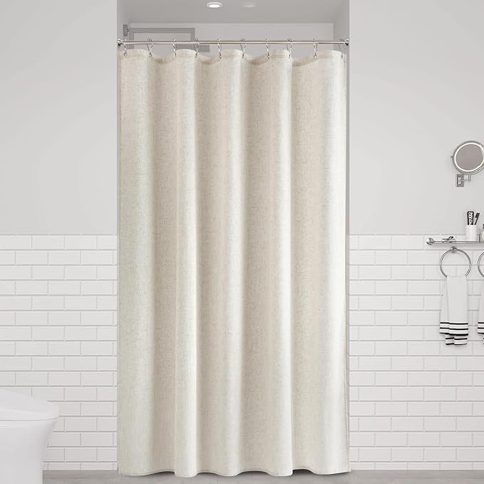 Linen Shower Curtain 54 Width Country Boho Farmhouse Bath Decor Beige Shower Curtains for Bathroom Neutral Cloth Weighted Textured Fabric Bath Curtain Liner with Hooks 54x72