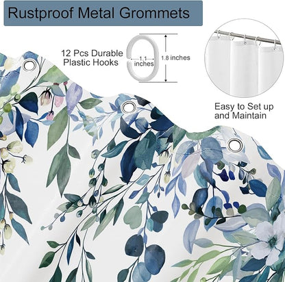 Dark Blue Floral Eucalyptus Shower Curtain with Hooks, 72x72 Inch | Waterproof Fabric, Watercolor Leaves and Floral, Botanical Style, Machine Washable, Quick-Drying, for Hotel Bathroom