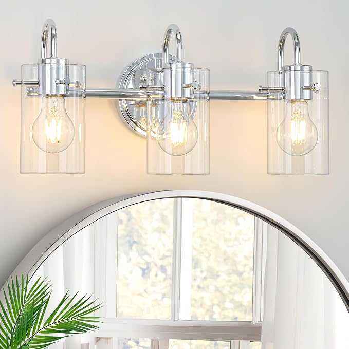 3 Lights Vanity Light, Bathroom Wall Light Fixture Over Mirror | Modern Metal Wall Sconce with Clear Glass Shade, Farmhouse Wall Mount Lamp for Washroom, Bathroom Living Room, Workshop