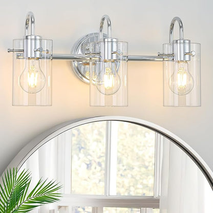 3 Lights Vanity Light, Bathroom Wall Light Fixture Over Mirror | Modern Metal Wall Sconce with Clear Glass Shade, Farmhouse Wall Mount Lamp for Washroom, Bathroom Living Room, Workshop
