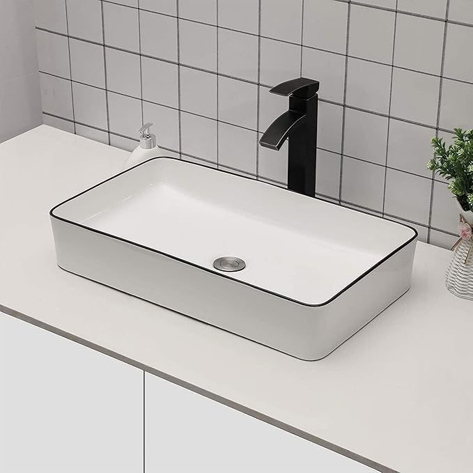 Sarlai Bathroom Sink Rectangular 24"x14" White Vessel Sink with Black Rim Ceramic Porcelain Rectangle Bathroom Vessel Sink Above Counter Vanity Sink Basin