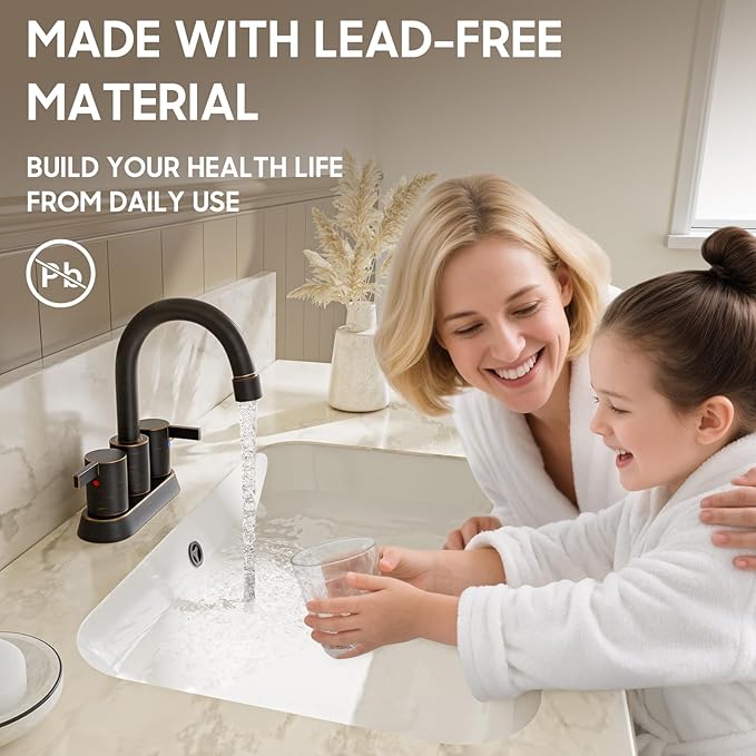 Phiestina 2 or 3 Holes Oil Rubbed Bronze 4 Inch 2 Handle Centerset Lead-Free Bathroom Sink Faucet, 360 Degree Swivel Spout with Copper Pop Up Drain and 2 Water Supply Lines, BF015-1-ORB