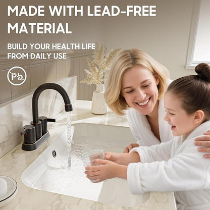 Phiestina 2 or 3 Holes Oil Rubbed Bronze 4 Inch 2 Handle Centerset Lead-Free Bathroom Sink Faucet, 360 Degree Swivel Spout with Copper Pop Up Drain and 2 Water Supply Lines, BF015-1-ORB