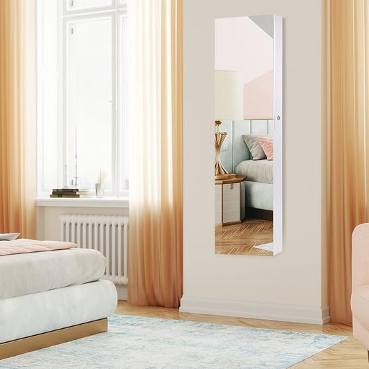 Byroce 47.5''H Jewelry Armoire, Over the Door/Wall Mounted, Full Length Mirror with Jewelry Storage, 2-LED Lockable Jewelry Cabinet with 2 Drawers, Hanging Jewelry Organizer for Bedroom (White)