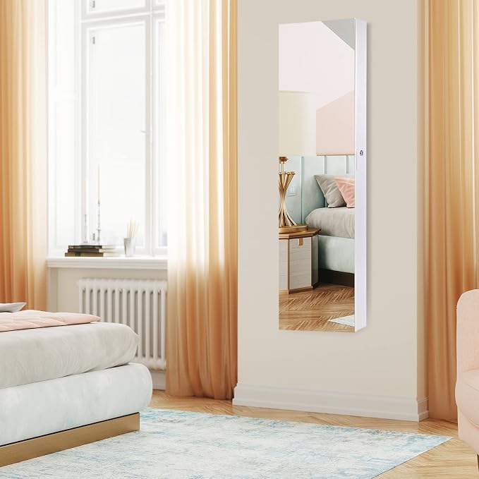 COSTWAY Wall Mounted Jewelry Armoire with Full Length Mirror & 2 LED Lights, Large Storage Capacity, Lockable Mirror Jewelry Cabinet for Women Girls (White)