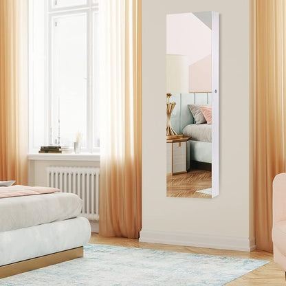 COSTWAY Wall Mounted Jewelry Armoire with Full Length Mirror & 2 LED Lights, Large Storage Capacity, Lockable Mirror Jewelry Cabinet for Women Girls (White)