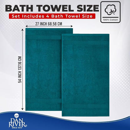 DAN RIVER 600 GSM Cotton Large Bath Towels Set of 4, 27 x 54 Inches, Teal | Larger & Lighter Weight Towels for Bathroom - Highly Absorbent & Quick Dry 100% Cotton Bath Towel Set for Home, Spa & Hotel