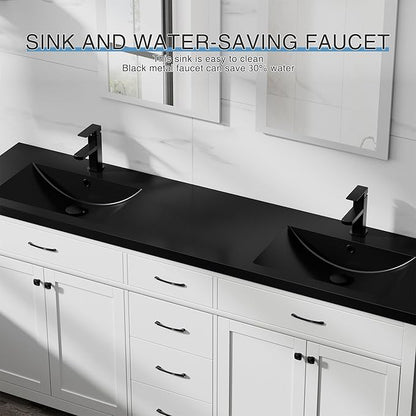 LUCKWIND 72" Bathroom Vanity and Sink Combo, Painted Modern Bathroom Storage Cabinet with Double Large Black Sink, Four Doors and Three Drawers, Include Faucet, Without Mirror, White