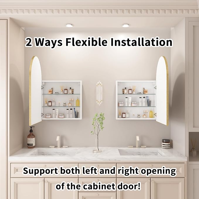FKWin Medicine Cabinet Mirror, Surface Mount for Small Bathroom, 20x32 Inch | Mirror Medicine Cabinet, Large Storage, Adjustable Shelves, Reversible Door, Space-Saving Design for Small Bathroom, Gold