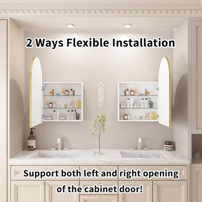 FKWin Medicine Cabinet Mirror, Surface Mount for Small Bathroom, 20x32 Inch | Mirror Medicine Cabinet, Large Storage, Adjustable Shelves, Reversible Door, Space-Saving Design for Small Bathroom, Gold