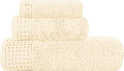 GLAMBURG Ultra Soft 3 Pack Cotton Towel Set, Contains a Bath Towel 28x55 inch, a Hand Towel 16x24 inch & a Wash Coth 12x12 inch, Ideal Everyday use, Compact & Lightweight - Ivory