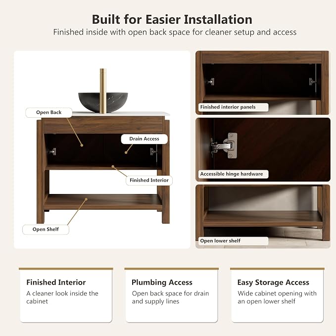 Yayzy 30 Inch Bathroom Vanity with Sink, Freestanding Dark Walnut Bathroom Cabinet, Black Marble Pattern Vessel Sink, Carrara White Sintered Stone Countertop, Soft Close Doors, Open Storage Shelf