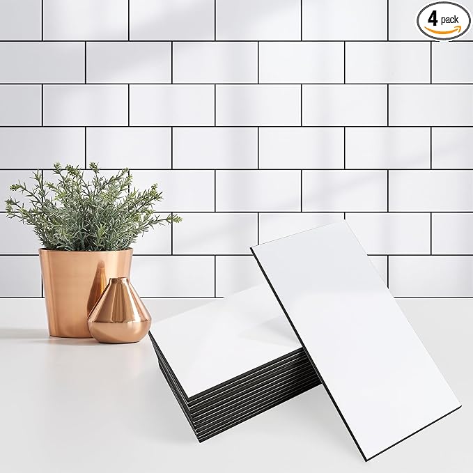 StyloVue Peel and Stick Backsplash for Kitchen, 3" x 6" PVC Subway Tile Upgraded Backsplash Stick on Tile Elevate Kitchen, Bathroom, Fireplace,RV - 4 Pieces Glossy White with Dark Gray Grout