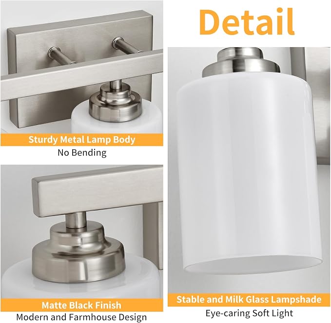 Bathroom Light Fixtures, Vanity Light Over Mirror Nickel 3-Light Fixture | Modern bathroom vanity light fixture with metal frame, ideal for mirrors, bedrooms and hallways. Fits E26 bulbs.
