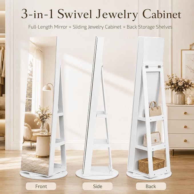 Bonnlo 360° Swivel Jewelry Cabinet with Sliding Door, Standing Jewelry Organizer Box with Full-Length Mirror, Rotating Jewelry Armoire with Large Storage Capacity, Rear Shelves for Bedroom