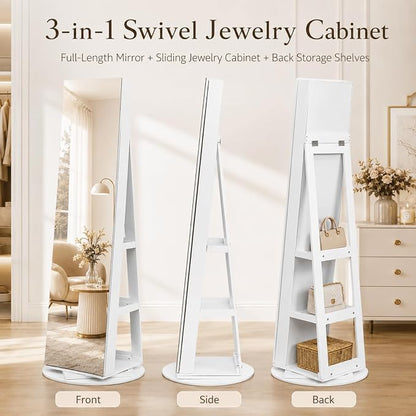 Bonnlo 360° Swivel Jewelry Cabinet with Sliding Door, Standing Jewelry Organizer Box with Full-Length Mirror, Rotating Jewelry Armoire with Large Storage Capacity, Rear Shelves for Bedroom