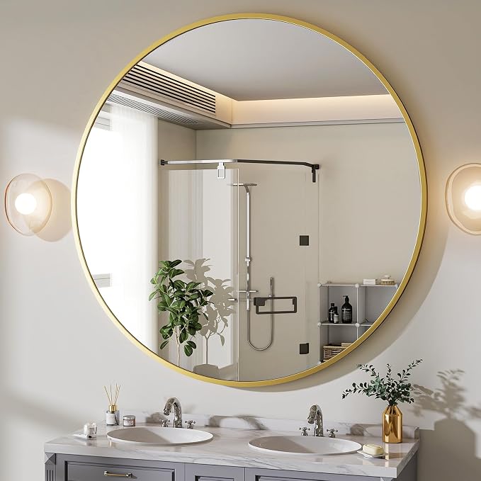 BEAUTYPEAK 48 Inch Round Mirror, Metal Frame Circle Mirror, Gold | Wall Mounted for Entryway, Bathroom, Vanity, Living Room