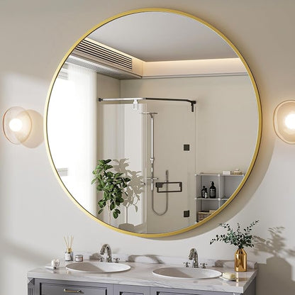 BEAUTYPEAK 48 Inch Round Mirror, Metal Frame Circle Mirror, Gold | Wall Mounted for Entryway, Bathroom, Vanity, Living Room