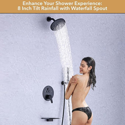 VANFOXLE Shower Faucet Set Matte Black Shower System, Push Button Diverter | 8 Inch Wall Mount Head, 2-in-1 Handheld Sprayer, 9 Inch Bathtub Waterfall Spout, Solid Brass Valve, Rust Resistant