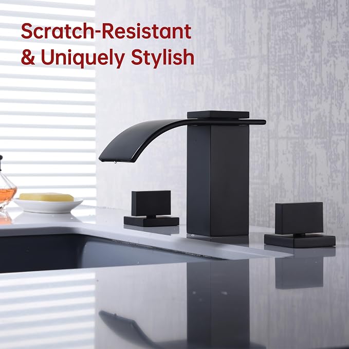 SUMERAIN Matte Black 8 Inch Widespread Waterfall Bathroom Sink Faucet | 3 Hole, 2 Handles, Modern Design, Easy DIY Installation