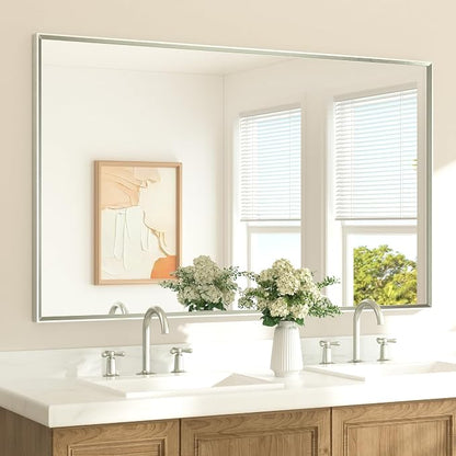 Brushed Nickel Vanity Mirror for Bathroom 60" x 36" Beveled Frame Rectangle Bathroom Mirror for Over Sink Brushed Nickel, Tempered Glass, Stronger Frame, Modern Farmhouse Bedroom, Entryway