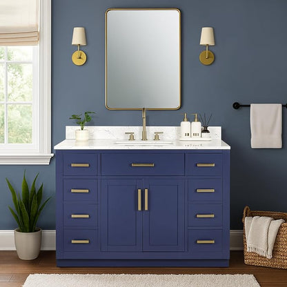 48-inch Bathroom Vanity with Sink, Solid Wood, 0.79-inch Stone Countertop and Backsplash, 9 Drawers, 2 Soft Closing Doors -Royal Blue