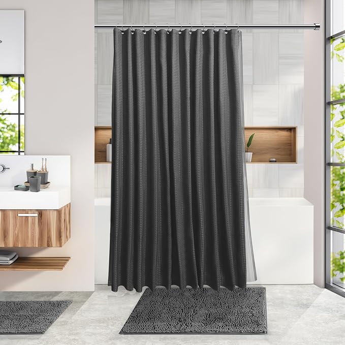 Clara Clark Bathroom Set, Shower Curtain Set, Bathroom Accessory Set | 20 Piece Grey Bathroom Accessories Set with Toothbrush Holder, Soap Dispenser, Soap Dish, Toilet Brush, and Trash Can