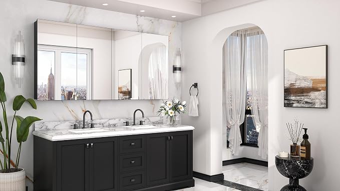 Keonjinn 64" x 32" Black Large Medicine Cabinet with Mirror, Tempered Glass | Assembly Required, Lightweight Aluminum Frame, Adjustable Shelves, Surface Mount or Recessed, Clear Reflection, Soft Close