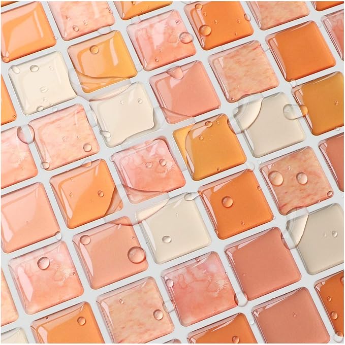 3D Mosaic Tile Sticker Removable Wallpaper Tile Orange, 3D Self Adhesive Wall Tiles Bathroom Wall Tiles for Kitchen Backsplash Orange, PVC Square Decorative Vinyl Decals, 4 Sheets
