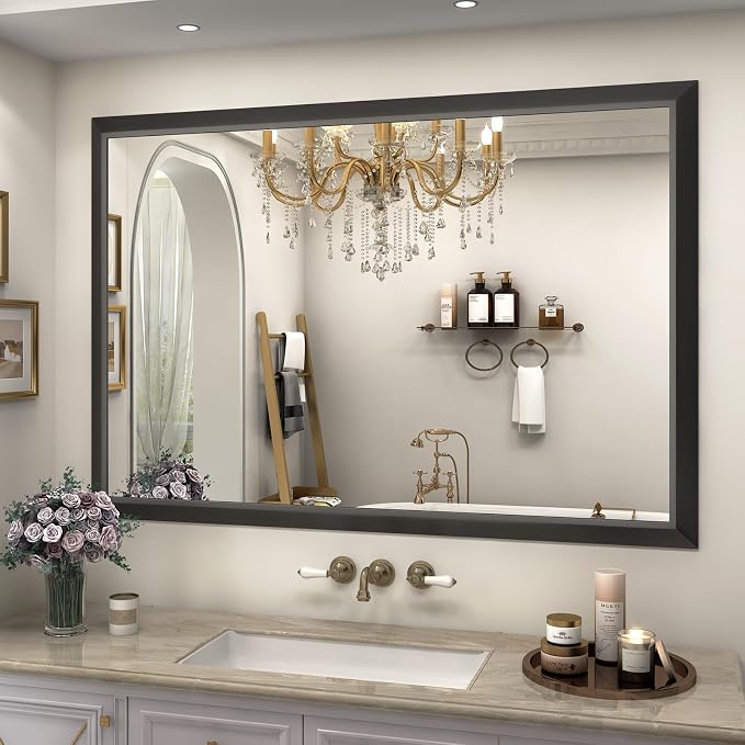 SMIROR 44x30 Matte Black Bathroom Vanity Mirror for Over Sink | Metal Wide Frame, Rectangle, Right- Angle Corner, Anti-Rust, Horizontally or Vertically Wall- Mounted for Home Remodel