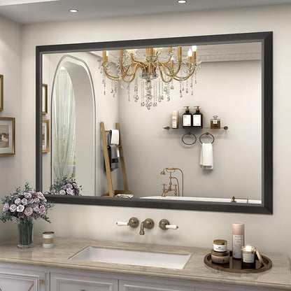 SMIROR 44x30 Matte Black Bathroom Vanity Mirror for Over Sink | Metal Wide Frame, Rectangle, Right- Angle Corner, Anti-Rust, Horizontally or Vertically Wall- Mounted for Home Remodel