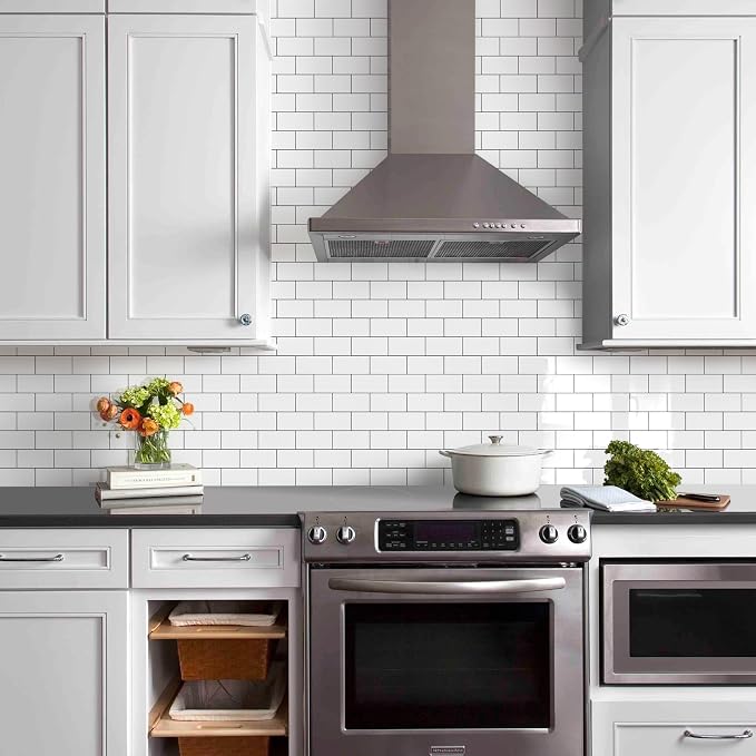 Vamos Tile 100-Piece Glossy Pure White Peel and Stick Backsplash Tile,3''x6'' PVC Subway Tile with Dark Gray Grout,Stick on Backsplash for Kitchen/Bathroom/Fireplace