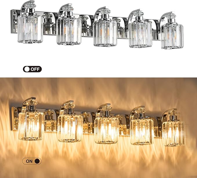 Chrome Bathroom Light Fixtures with K9 Crystal Lampshade Bathroom Lighting Over Mirror Vanity Lights for Living Room,Bedroom,Restroom,Hallway 5 Lights
