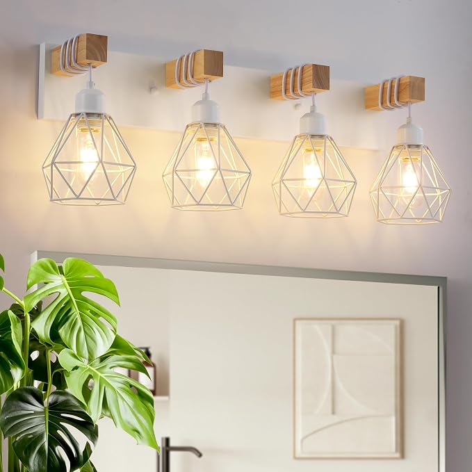 VbiTmn Bathroom Light Fixtures, 4 Light White Farmhouse Wood Vanity Lights | Rustic Design, Diamond Metal Shades, Easy to Install, Wall Sconces for Bathroom, Bedroom, Makeup Area, Over Vanity Mirror "