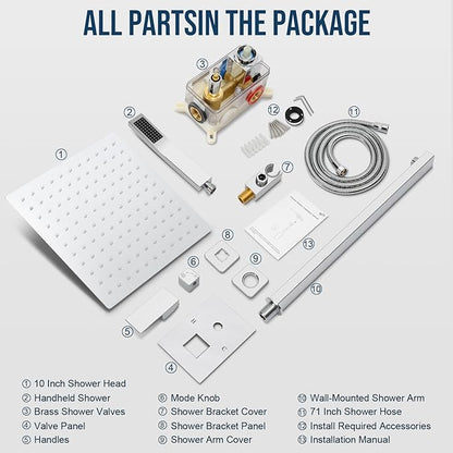 Shower Faucet Set Bathroom Square Rain Shower Head and Handle Set, Wall Mounted Shower Fixtures With Shower Valve and Trim Kit 10 inch Polished Chrom