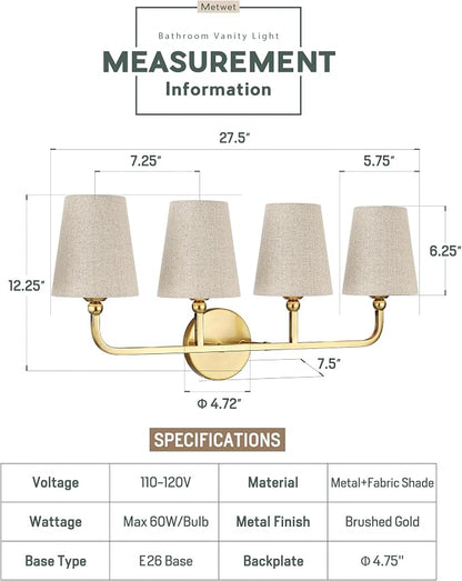 4-Light Brushed Gold Bathroom Vanity Light, Brown Linen Fabric Shade | 28 Inch gold bathroom light fixture over mirror, UL listed, E26 bulbs, hardwired, upward only, VL837-BG-L-4