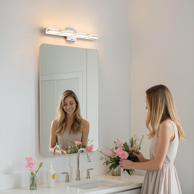 mirrea 24" 4 Light 3CCT LED Chrome Bathroom Vanity Light Fixture | Over Mirror,Bathroom Light Fixture,3000K/4000K/5000K ,Dimmable,Rust-resistant,Moisture-resistant,Acrylic shade