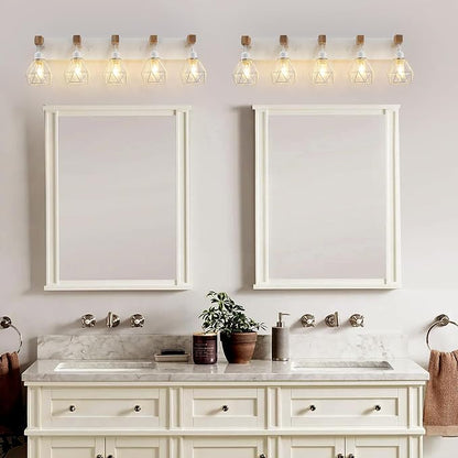 VbiTmn Bathroom Light Fixtures,5 Light White Farmhouse Wood Vanity Lights | Rustic Design, Diamond Metal Shades, Easy to Install, Wall Sconces for Bathroom, Bedroom, Makeup Area, Over Vanity Mirror